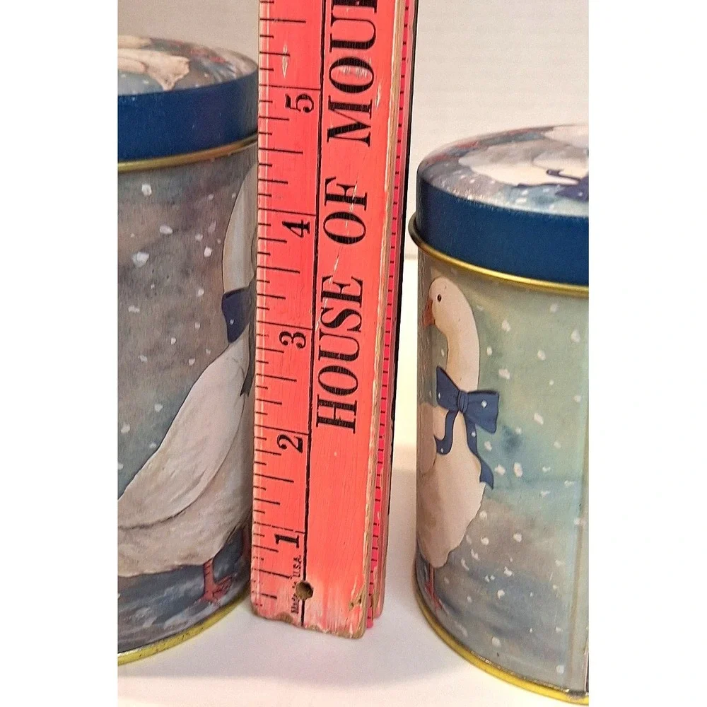 Vintage Geese with Blue Bows Nesting Canister Tin Set 3 Piece Cottagecore Decor